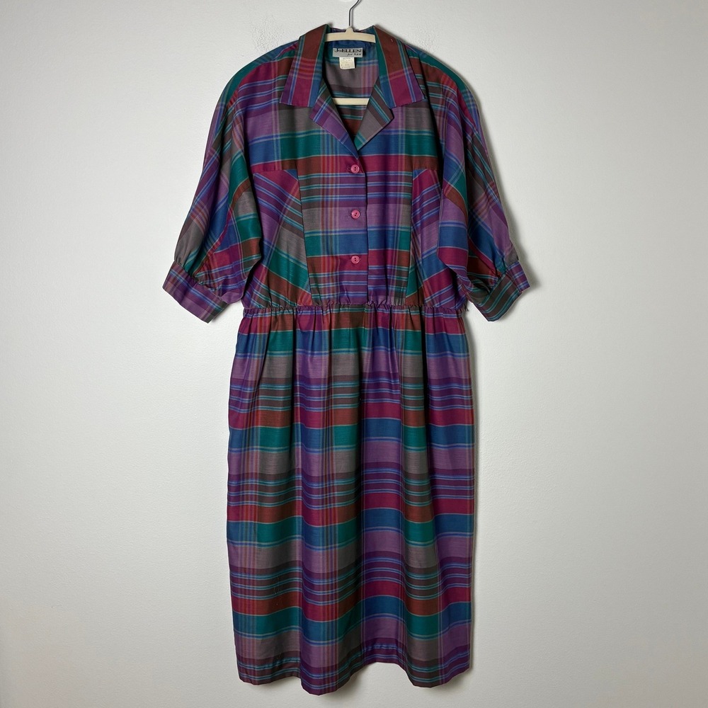 Vintage Joellen for h&a Plaid Midi Dress Purple Teal 80s Womens 11/12 Retro Fall